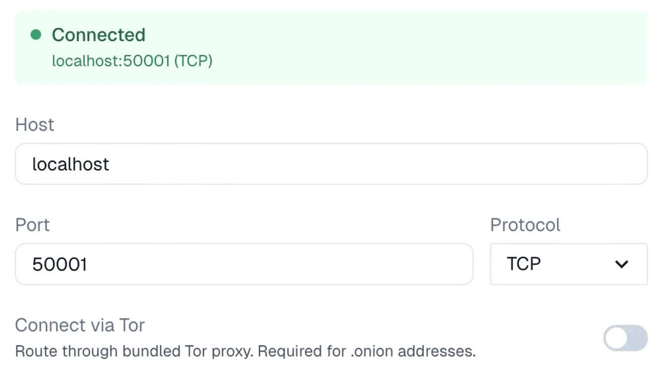 Electrum server settings: connected to localhost on port 50001 over TCP, with an option to connect through the bundled Tor proxy